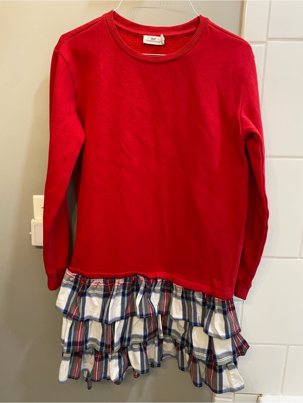 Vineyard Vines Red Girls' Dress with Plaid Ruffle Hem / Size XL (16) / VGUC